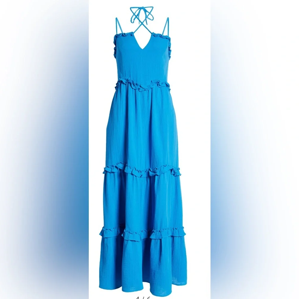 BTFL-LIFE Blue Tiered Ruffle Cotton Maxi Dress Size Large NWT